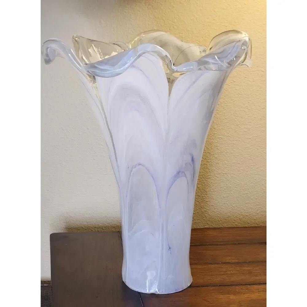 NEW Ruffled Top MURANO Italian Blown Art Glass Swung Vase Purple White Swirl 15